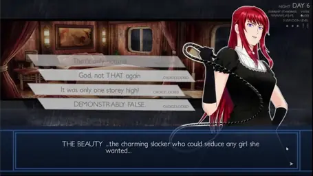 The Beauty brandishes a whip triumphantly while the player is denied any ability to make a choice.